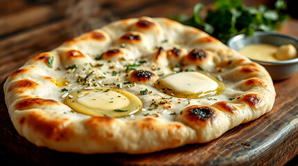 Close-up of freshly baked Indian garlic butter naan.