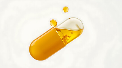 Close-up macro of levitating yellow vitamin capsule, Vitamin D3 or Omega-3, disintegrating shell revealing golden oil droplets.