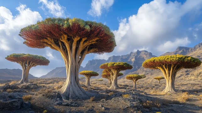 The bizarre, alien-like landscape of Socotra, Yemen, with its unique Dragon's Blood Trees, their umbrella-shaped canopies dotting the arid terrain, otherworldly, hyperrealistic.