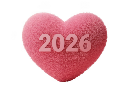 Pink fuzzy heart shaped object with the year 2026 isolated on transparent background