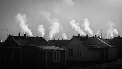Row houses emit smoke, desolate and monochrome