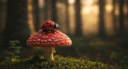 A ladybug rests on a red mushroom in the forest under warm evening light and peaceful natural surroundings.