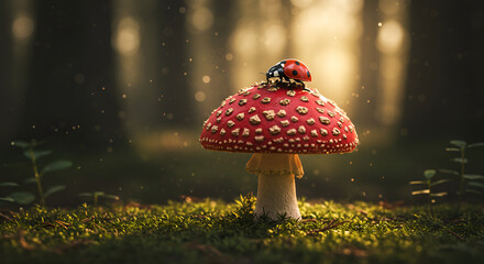 A ladybug rests on a red mushroom in the forest under warm evening light and peaceful natural surroundings.