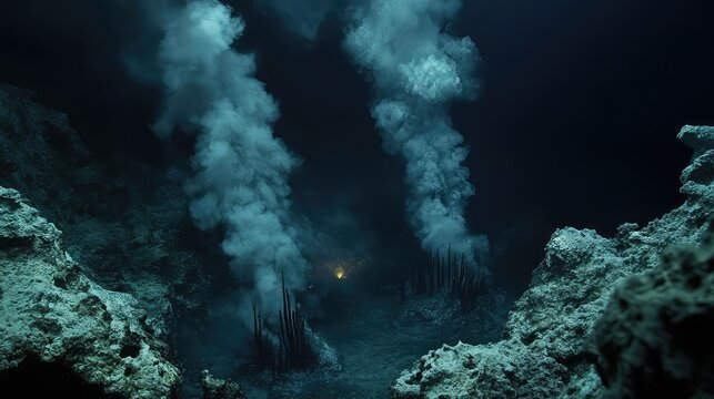 The mysterious abyssal plain, a dark, deep-ocean floor landscape with strange hydrothermal vents emitting black smoke, and scattered, faint bioluminescent creatures in the crushing darkness, 
