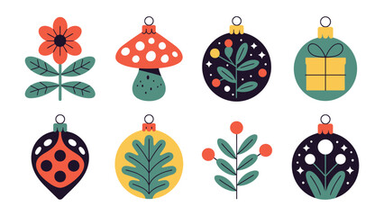 Festive Ornaments Collection: A delightful arrangement of diverse, handcrafted Christmas ornaments, each featuring a unique design: flower, mushroom, gift, ladybug, and botanical elements.