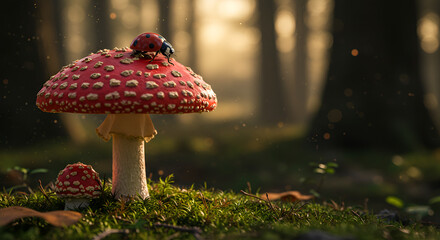 A ladybug rests on a red mushroom in the forest under warm evening light and peaceful natural surroundings.