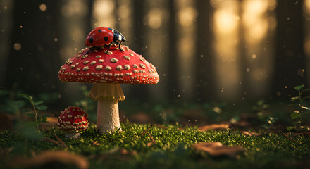 A ladybug rests on a red mushroom in the forest under warm evening light and peaceful natural surroundings.