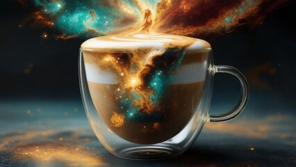 Galaxy latte nebula swirling in layered glass coffee cup