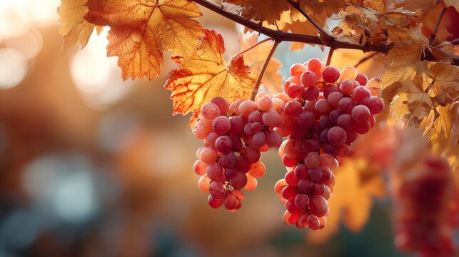 A bunch of grapes hanging from a tree with leaves in the background. The grapes are ripe and ready to be picked