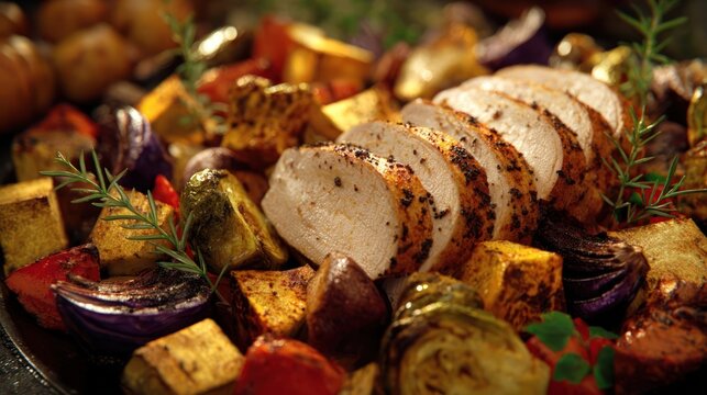 Close-up of roasted vegetables and turkey slices, autumn table, ultra detailed 8k