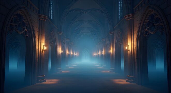 Mysterious Gothic Hallway Bathed in Eerie Blue and Orange Light