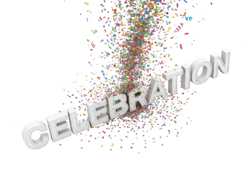 Exploding celebration text with colorful confetti isolated on transparent background
