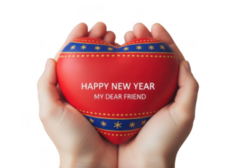 Hands holding a red heart with happy new year message isolated on transparent background