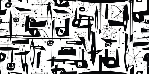 Retro atomic seamless pattern with grainy effect,retro atomic age geometric endless pattern with grunge texture. Vintage space age 1950s wallpaper with distressed background.Mid century vector design. © miloje