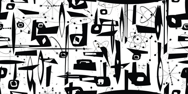 Retro atomic seamless pattern with grainy effect,retro atomic age geometric endless pattern with grunge texture. Vintage space age 1950s wallpaper with distressed background.Mid century vector design.