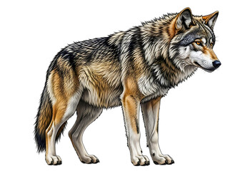 A majestic wolf standing alert, isolated on transparent background, with detailed fur