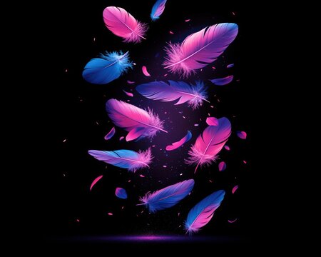 Colorful feathers falling on black. Pink and blue lighting enhance the ethereal feel