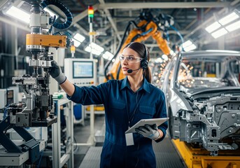 Female engineer operating robotic arm in car factory, holding tablet and wearing headset, showcasing modern automotive production with precision and efficiency.