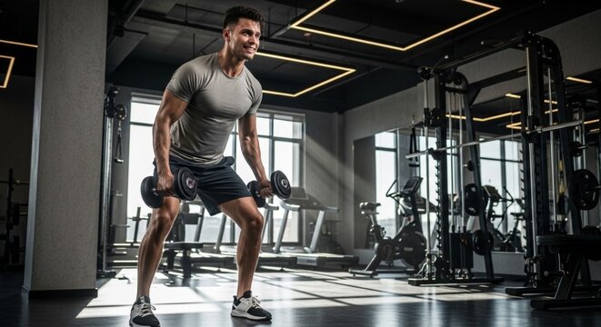 Man working out with dumbbells in a gym, performing a bent-over row exercise.