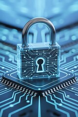 Cybersecurity padlock on circuit board for data protection