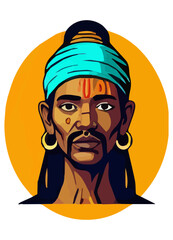 Mystic Guardian Vector Portrait – Indigenous Man with Geometric Face Designs and Red Dot Accents