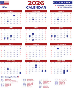 USA 2026 Yearly Editable Calendar with National Holidays