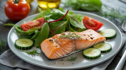 Grilled salmon with fresh salad and vegetables plate