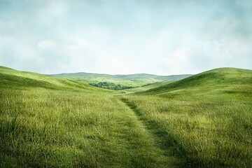 Obraz premium Grassy trail leading to distant hills under a hazy blue sky with clouds