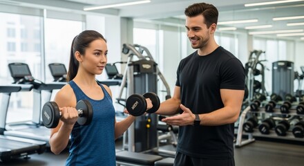 Woman lifting weights with a personal trainer in a gym setting.