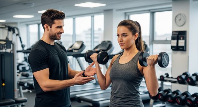Woman lifting dumbbells with personal trainer in gym, fitness training.