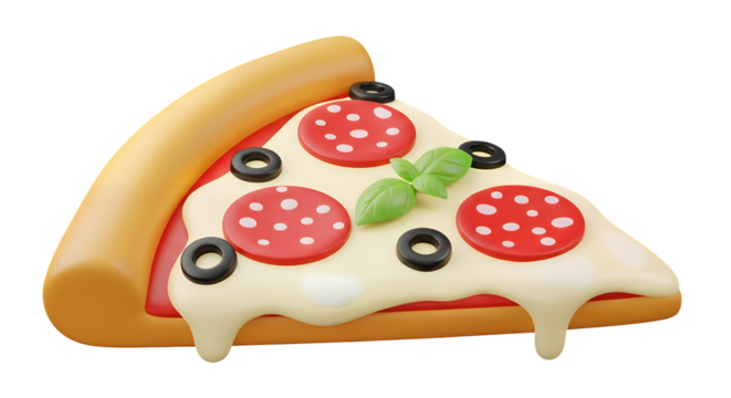 3d illustration of delicious pizza slice with pepperoni, olives, and basil isolated on transparent background