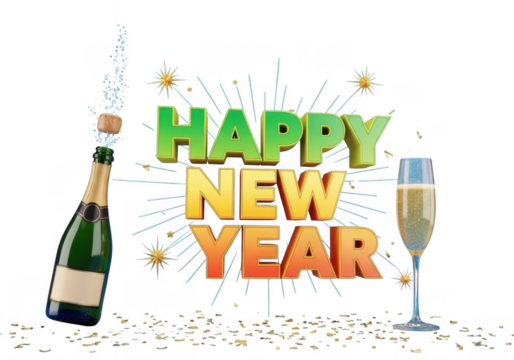 Happy new year celebration with champagne bottle and glass isolated on transparent background