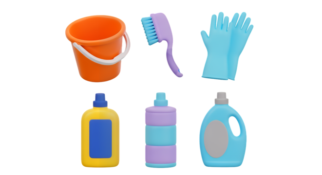 3d illustration of cleaning supplies including bucket, brush, gloves, and bottles isolated on transparent background