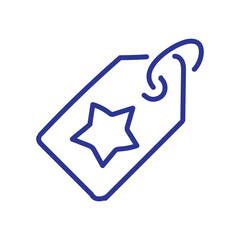 Minimalist blue outline of a label or gift tag featuring a star symbol.