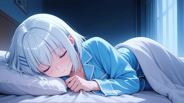 Cute sleeping anime girl with white hair wearing blue pajamas, animated anime wallpaper