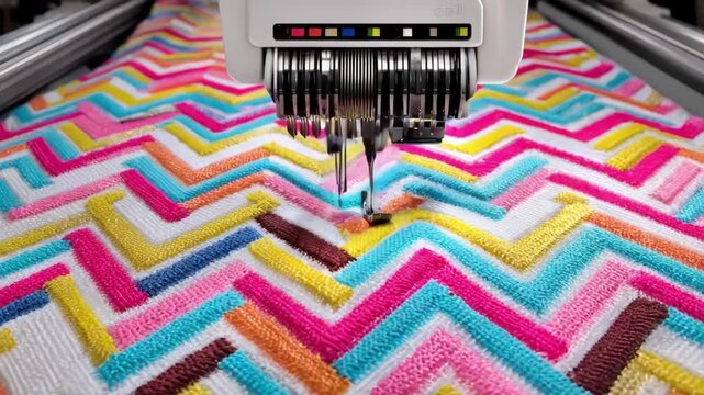 Medium shot of a sewing machine forming precise zigzag stitches on vibrant fabric highlighting the intricate programming for creative stitch patterns.