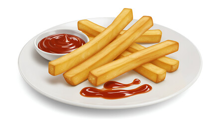 Crispy french fries served on a white plate with tasty sauce, set against a clean white background, simple and appetizing.