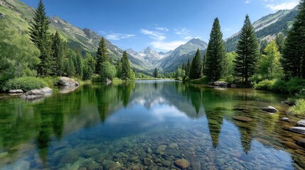 Pristine Alpine Lake Reflecting Majestic Snow Capped Mountains and Lush Green Forest Under a Clear Blue Sky on a Crisp Daylight Day