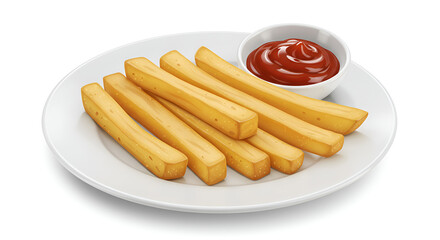 Crispy french fries served on a white plate with tasty sauce, set against a clean white background, simple and appetizing.
