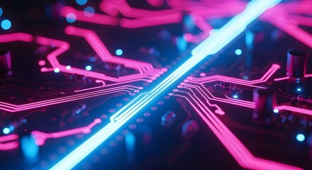 Abstract futuristic circuit board with vibrant neon blue and pink glowing lines and lights