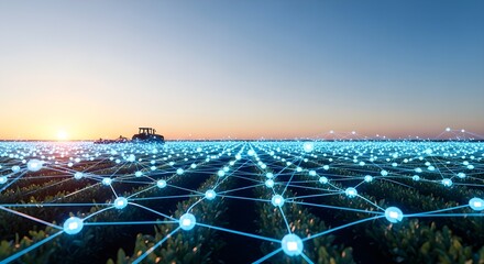 Futuristic smart farm with glowing network connections and a tractor at sunset