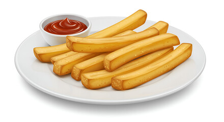 Crispy french fries served on a white plate with tasty sauce, set against a clean white background, simple and appetizing.