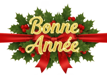 Sparkling bonne ann e text with holly and red ribbon isolated on transparent background
