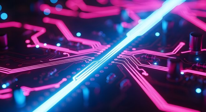 Abstract futuristic circuit board with vibrant neon blue and pink glowing lines and lights