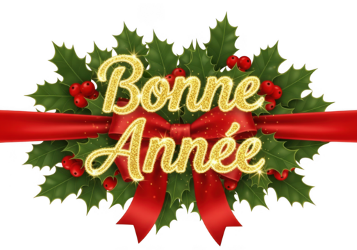 Sparkling bonne ann e text with holly and red ribbon isolated on transparent background