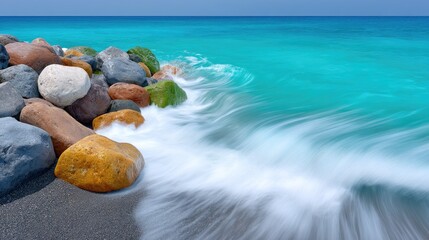 Rocky shoreline with vibrant turquoise ocean waves crashing against multicolored stones under a clear blue sky during daylight hours