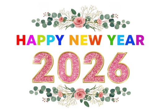 Happy new year 2026 with floral accents isolated on transparent background