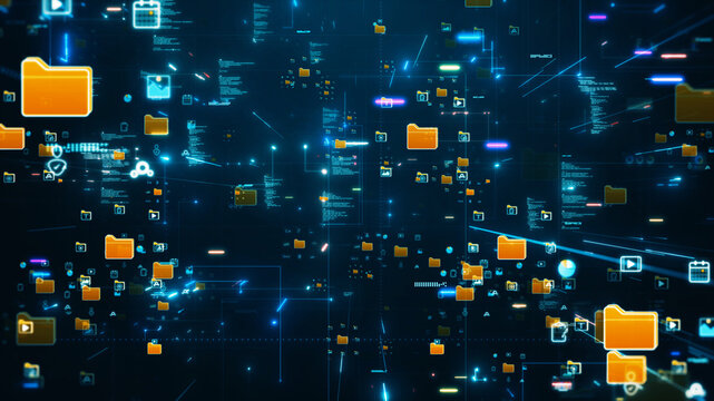 technology futuristic digital network visual showing glowing file folders and data icons floating in cyberspace, symbolizing data storage, file sharing, and cloud computing.