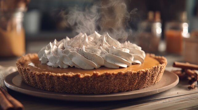 Close-up of steaming pumpkin pie with whipped cream, cinnamon dusting, cozy kitchen background, ultra detailed 8k realism, cinematic