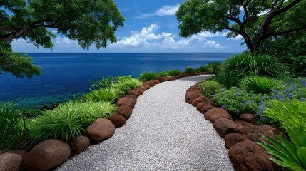 Naklejka premium Scenic Gravel Garden Path Meandering Towards Deep Blue Ocean Under a Clear Sky with Lush Green Trees Framing the View